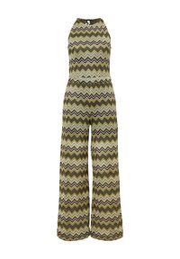 Green and brown chevron-patterned jumpsuit with wide legs, halter neck, and elastic waist for a relaxed fit. Textured fabric with distinct zigzag design.