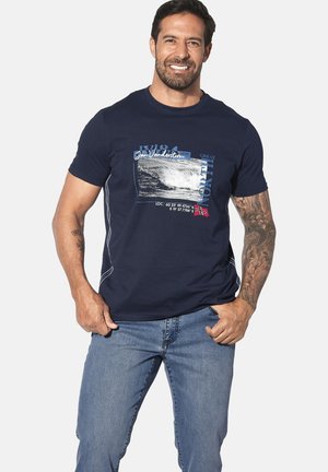 Navy blue cotton t-shirt with a graphic print featuring waves and coordinates. Short sleeves, round neckline with white stitching details.