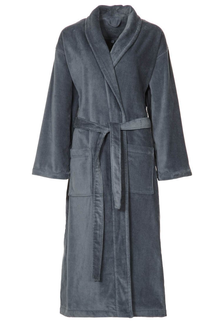 Gray, plush bathrobe with a shawl collar, long sleeves, tie belt, and two front pockets; soft texture and knee-length design.