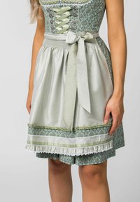 Green floral-patterned dress with a satin skirt, lace trim, and a bow tie at the waist. Features lacing and decorative buttons along the bodice.