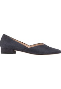 Suede navy blue pumps with a low block heel, pointed toe, and V-shaped cutout on the sides for a sleek, contemporary design.