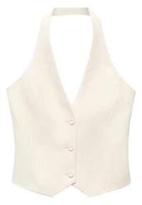 Chaleco blanco sin mangas con un diseño ajustado, que presenta un escote en V profundo y cuatro botones en la parte delantera. La tela parece suave con textura mínima.