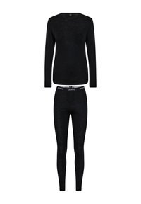 Sort langærmet top med rund hals og matchende tætsiddende leggings, lavet af et struktureret stof, med en logo-bredde.