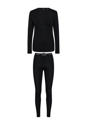 Sort langærmet top med rund hals og matchende tætsiddende leggings, lavet af et struktureret stof, med en logo-bredde.