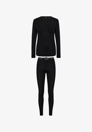 Black long-sleeve top with round neck and matching fitted leggings, made from a textured fabric, featuring a logo waistband.