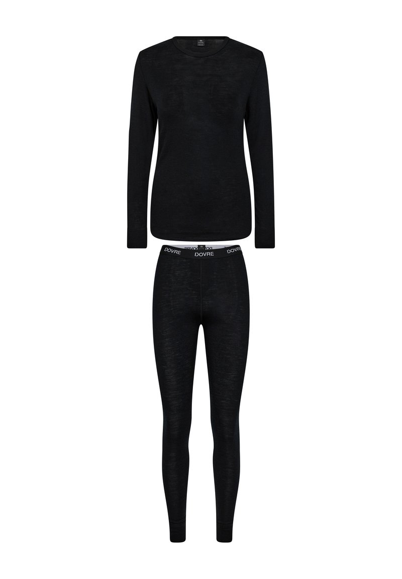 Sort langærmet top med rund hals og matchende tætsiddende leggings, lavet af et struktureret stof, med en logo-bredde.