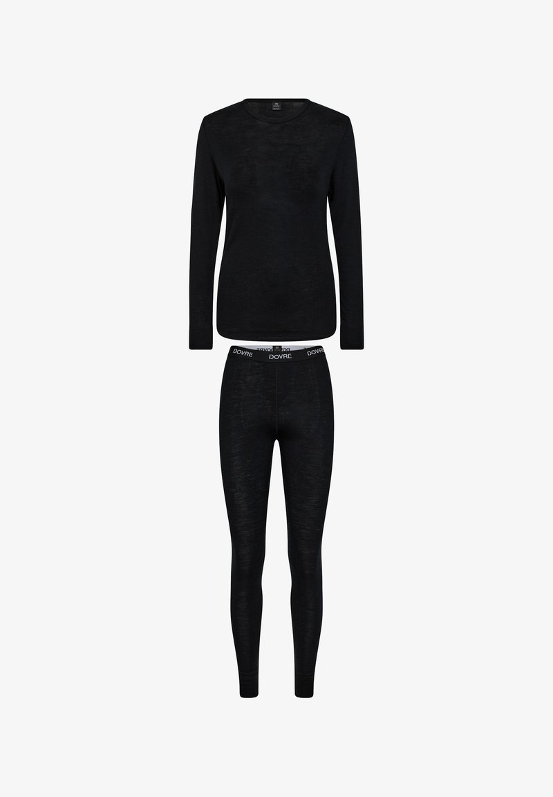 Sort langærmet top med rund hals og matchende tætsiddende leggings, lavet af et struktureret stof, med en logo-bredde.