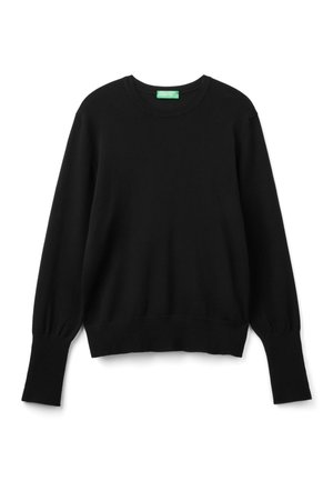 Suéter negro de manga larga con cuello redondo, puños acanalados y un corte relajado. Hecho de una tela suave y texturizada. Etiqueta verde en el interior.