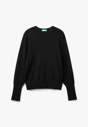 Suéter negro de manga larga con cuello redondo, puños acanalados y un corte relajado. Hecho de una tela suave y texturizada. Etiqueta verde en el interior.