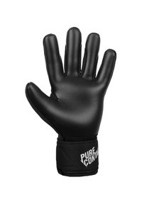 Schwarze Handschuhe mit einer glatten Latex-Oberfläche, die eine geschwungene Form, ein sicheres Handgelenkband und das Logo "PURE CONTACT" am Bund aufweisen.