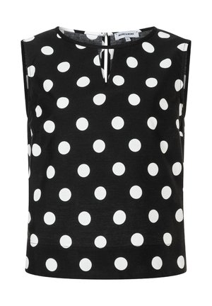Zwarte mouwloze blouse met grote witte polka dots, ronde halslijn met een kleine open snede aan de voorkant, en een rits aan de achterkant.