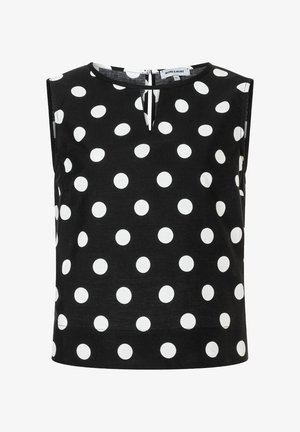 Black sleeveless blouse with large white polka dots, round neckline with a small front keyhole cutout, and back zipper closure.