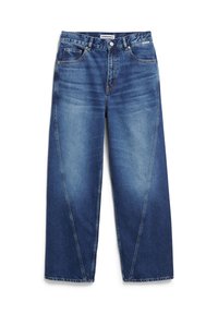 Donker gewassen denim jeans met een wijde pijpenontwerp, vijf zakken, onderscheidende schuine naden en subtiele vervagingdetails.