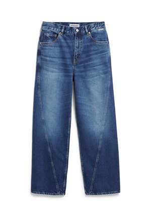Dunkel gefärbte Jeans mit weitem Beinausschnitt, Fünf-Taschen-Stil, markanten schrägen Nähten und subtilen Ausbleichungen.