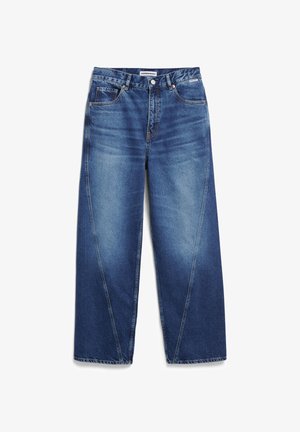 Dunkel gefärbte Jeans mit weitem Beinausschnitt, Fünf-Taschen-Stil, markanten schrägen Nähten und subtilen Ausbleichungen.