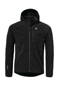 Schwarze Softshell-Jacke mit Kapuze, Front- und Brustreißverschlüssen, elastischen Bündchen und kleinen weißen Logos auf der Brust und dem linken Ärmel.