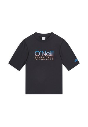 Črni O'Neill rash guard s kratkimi rokavi modrega in breskovega logotipa z napisom "O'Neill Santa Cruz California U.S.A" na sprednji strani ter modro etiketo na rokavu.