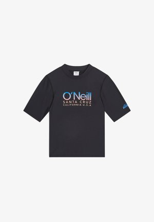 Rash guard O'Neill noir à manches courtes avec un logo bleu et pêche "O'Neill Santa Cruz California U.S.A" sur le devant et une étiquette bleue sur la manche.