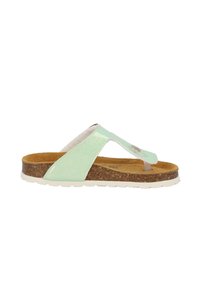 Hellgrüne Glitzer-Flip-Flop-Sandale mit einem Korkfußbett, transparenten Riemen und weißer Außensohle. Verfügt über ein Kreuzriemen-Design.