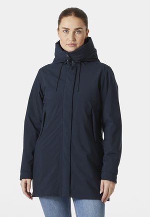 Navy waterproof jacket with a high neck, adjustable hood, and front zipper. Features two side pockets and elastic cuffs. Smooth texture.