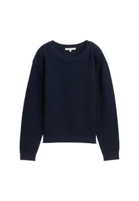 Pull en maille bleu marine avec une coupe décontractée, un large col rond et des poignets côtelés. Présente un motif texturé sur l'ensemble du tissu.