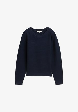 Pull en maille bleu marine avec une coupe décontractée, un large col rond et des poignets côtelés. Présente un motif texturé sur l'ensemble du tissu.