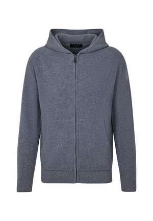 Szara dzianinowa bluza z kapturem z przednim zamkiem błyskawicznym, dwoma bocznymi kieszeniami i kapturem. Charakteryzuje się prążkowaną fakturą oraz czystym, minimalistycznym designem.