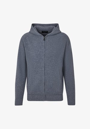 Szara dzianinowa bluza z kapturem z przednim zamkiem błyskawicznym, dwoma bocznymi kieszeniami i kapturem. Charakteryzuje się prążkowaną fakturą oraz czystym, minimalistycznym designem.