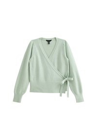 Suéter envolvente verde claro con mangas largas, acabado texturizado, dobladillo acanalado y cierre de lazo en la cintura. Fabricado con un material suave y cálido.