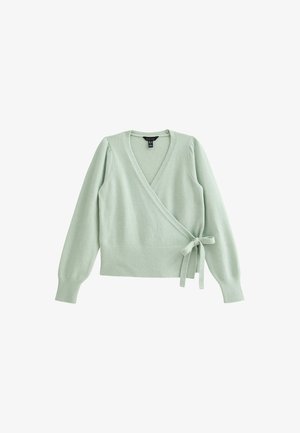 Light green wrap sweater with long sleeves, textured finish, ribbed hem, and tie closure at the waist. Made from a soft, warm material.