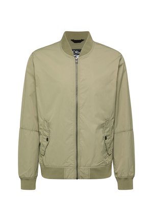 Hellolivgrüne Bomberjacke mit durchgehendem Reißverschluss, geripptem Kragen, Bündchen, Saum sowie zwei vorderen Klappentaschen mit Druckknöpfen.