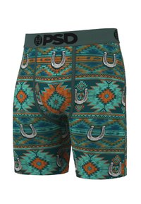 Boxer con fantasia su sfondo turchese con accenti arancioni, grigi e neri; include ferri di cavallo e disegni geometrici.