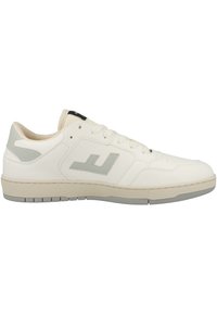 White leather sneaker with gray accents, lace-up design, padded collar, and textured rubber sole. Features logo on the side.