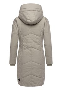 Beige padded coat with a hood, featuring a chevron quilted pattern, long sleeves, and ribbed cuffs. Logo detail near the hem.