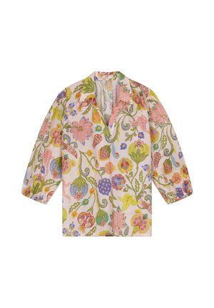 Blouse met lange mouwen en elastische manchetten, lichtroze achtergrond, versierd met grote bloemen- en bladvormen in meerdere kleuren.