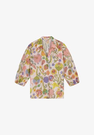 Blouse met lange mouwen en elastische manchetten, lichtroze achtergrond, versierd met grote bloemen- en bladvormen in meerdere kleuren.