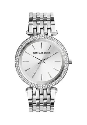 Orologio da polso Michael Kors argento con ghiera tempestata di cristalli, semplici indici orari e cinturino metallico a maglie.