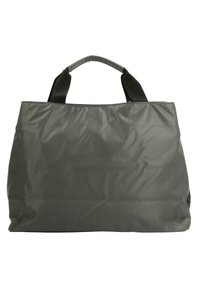 Grand sac fourre-tout gris avec un design épuré, fabriqué dans un matériau durable, doté de poignées en tissu noir et d'une surface lisse et texturée.