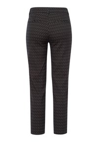 Black pants with a geometric pattern featuring dark brown and cream accents. The design includes a fitted silhouette and two back pockets.