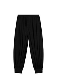 Schwarze, elastische Hose mit lockerem Schnitt, ausgestatteten Bündchen und vertikalen Falten für zusätzliche Struktur. Leichtes Material.