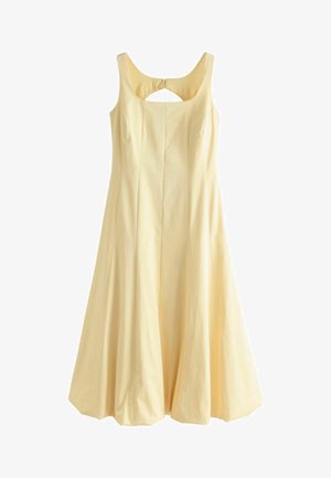 Geel mouwloos jurkje met een ronde halslijn, uitlopende A-lijn vorm, geplooid ontwerp en een uitsnede aan de achterkant, gemaakt van geweven stof.