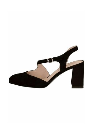 Shoe slingback in suede nero con punta chiusa, accentata da una fibbia e tacco quadrato. Presenta un design con ritagli per un look moderno.