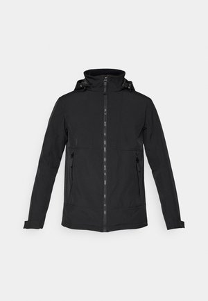 Zwarte jekker met een vaste capuchon, voorzien van een volledige rits, twee voorzakken en een gladde, textuur-achtige afwerking. Strakke, op maat gemaakte ontwerp.
