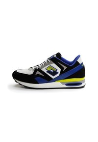 Black, blue, and gray sneaker features a mesh upper, rubber sole, and a prominent logo. Accented with yellow and white details.