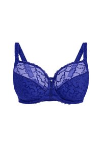 Soutien-gorge en dentelle violette avec bonnets semi-transparents, détails brodés, bretelles ajustables et un accent décoratif en forme de nœud au centre.