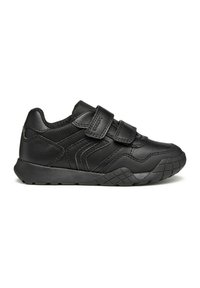 Des chaussures de sport noires avec deux bandes Velcro, fabriquées en cuir lisse et texturé, présentant une semelle rembourrée et un motif en diamant sur la semelle.