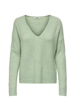 Pull verte menthe avec un décolleté en V profond, des manches longues et un ourlet côtelé. Tissu doux et texturé avec un design décontracté.