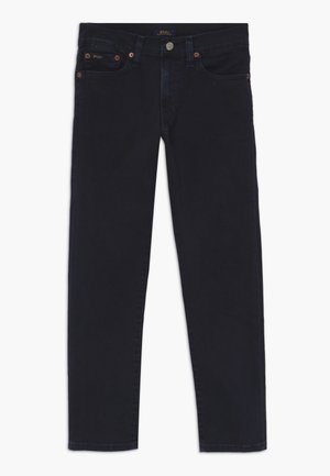 Ciemnoniebieskie jeansy o dopasowanym kroju, z przednimi kieszeniami, szlufkami na pasek i zapięciem na guzik, z marką Polo Ralph Lauren na talii i kieszeni.