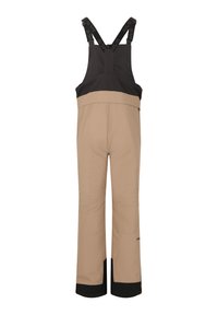 Pantaloni salopette impermeabili beige e neri con spalline regolabili, caratterizzati da una superficie liscia, gambe dritte e polsini neri rinforzati.