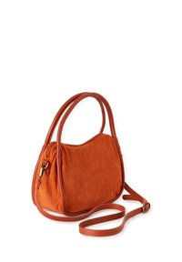 Borsa in corduroy arancione con dettagli in pelle liscia, due manici corti e una tracolla removibile, che presenta una silhouette arrotondata e una zip.